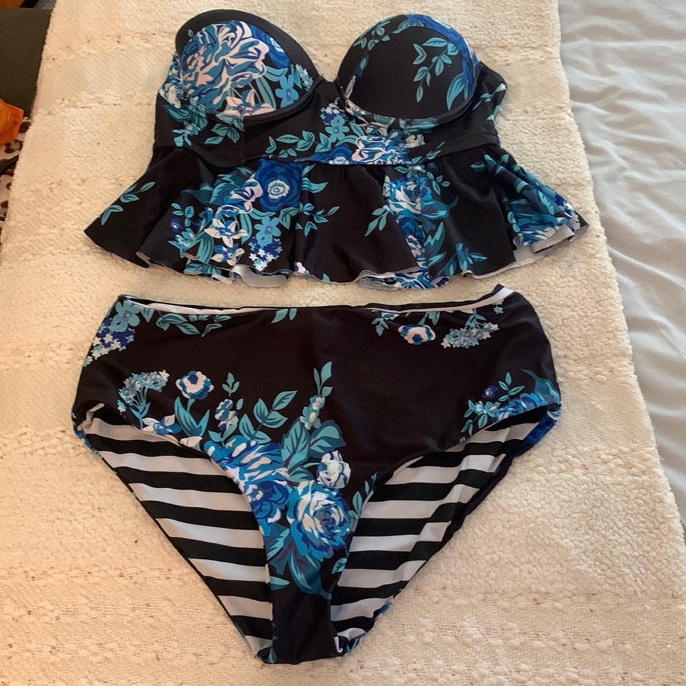 Blue floral high-waisted, strapless two-piece, size XL